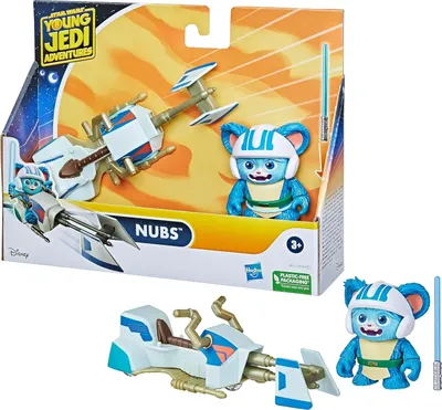 Product packaging for a Star Wars Young Jedi Adventures toy set featuring Nubs and a Speeder Bike.
