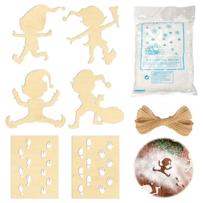 Weihnachtswichtel-Schablonen-Set, 6 Stück, mit Kunstschnee und Jutekordel