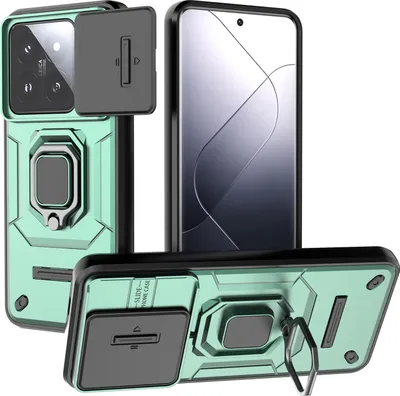 Image de Étui pour Xiaomi 14 Pro étui double couche avec protection coulissante de l'appareil photo et support d'anneau, stand vert