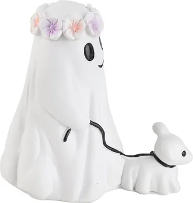Imagen del producto de Estatua de perro fantasma, decoración espeluznante y adorable para el hogar, hecha de resina. Adorno para mesa con forma de perro fantasma, ideal para decoración interior y exterior. 15 cm