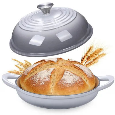 Immagine prodotto di Pentola in ghisa smaltata, capacità 6,6 litri, color grigio chiaro, ideale per la preparazione di pane a lievitazione naturale