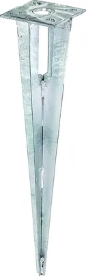 A single, galvanized metal ground spike for fence posts, shown against a white background.