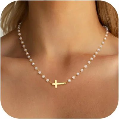 Produktbild von TINGN Damen Kreuz Kette Gold Vergoldet Layered Choker Halskette Pearl Modeschmuck