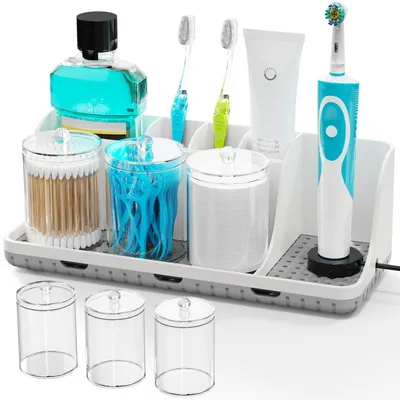 Immagine prodotto di Porta spazzolini da denti, organizer per il bagno con contenitore per Cotone fioc, supporto per spazzolino elettrico e dentifricio, colore bianco
