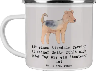 Produktbild von Mr. & Mrs. Panda Teebecher Airedale Terrier Abenteuer - Grau Pastell - Geschenk, Pott, Reisebecher, Hunderasse, Wachhund, Emaille Tasse, Becher, Hund, Hunderassen