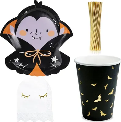 Produktbild von Dracula Halloween Partyset 56 tlg. für 12 Kinder Fledermaus schwarz