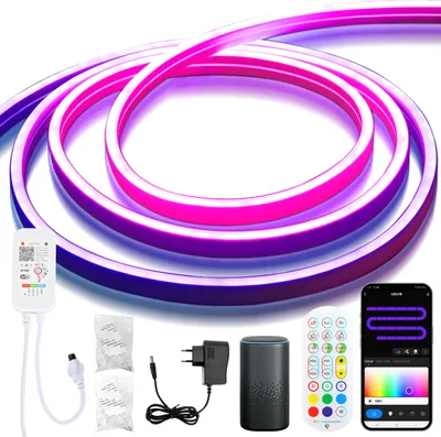 Produktbild von Hengda NEON LED Streifen Dimmbar 2M, RGBIC Neon LED Strip, App Steuerung und Fernbedienung Timer Musik Sync, mit Alexa und Google Assistant Innen Außen Deko