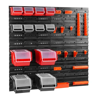 Image de Étagère murale d'atelier Support d'outils Boîtes empilables panneaux muraux avec boîtes Étagère de tri 12 pcs. Box avec couvercle Étagère murale 80 x 80 cm Porte-outils Étagère à bacs Bacs à bec Système de stockage en plastique