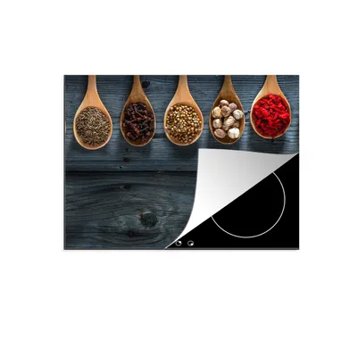 Produktbild von KitchenYeah© Herdabdeckplatte Gewürze - Löffel - Holz - Küche - Gewürze - Industrie , 58x51cm, Küche Deko, Glaskeramikkochfeld Herdabdeckung, Abdeckplatte fùr Kochfeld