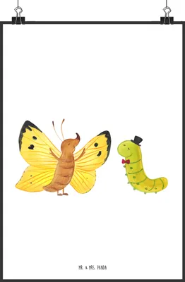 Produktbild von Mr. & Mrs. Panda Bild Raupe Schmetterling DIN A2 - Weiß - Geschenk, Schönheit, Entwicklung, drucke, wanddeko, Lustige Sprüche, Zitronenfalter, Plakat, Posterdruck, Hut