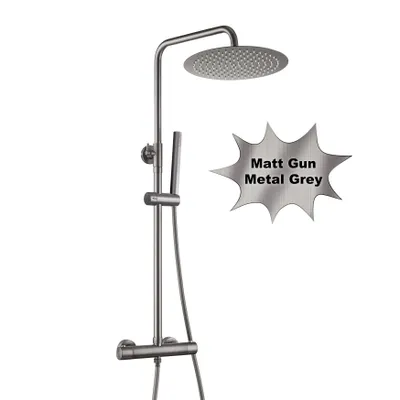 Produktbild von JOHO Regen Duschset mit Duscharmatur Komplettset, Edelstahl Duschsystem mit Thermostat Mischbatterie, Überkopfbrause D30cm Gunmetal Grau