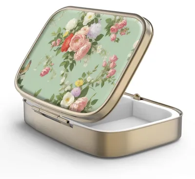 Immagine prodotto di Contenitore vintage rettangolare in bronzo con specchio e 2 scomparti, ideale per vitamine e integratori alimentari. Confezione singola