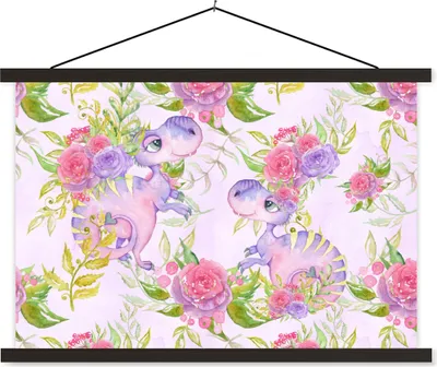 Produktbild von MuchoWow® Textilposter Dinosaurier - Blumen - Kinderzimmer - Mädchen - Rosa - Mädchen 60x40 cm mit schwarzem Rahmen - Hölzernes