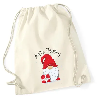 Produktbild von Huuraa Turnbeutel Merry Christmas Wichtel 12 Liter Natural Baumwolle Rucksack Geschenkidee