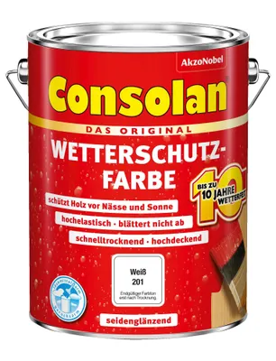 Produktbild von Consolan Wetterschutzfarbe, Deckender Holzschutz für Außen, Weiss, 5 l