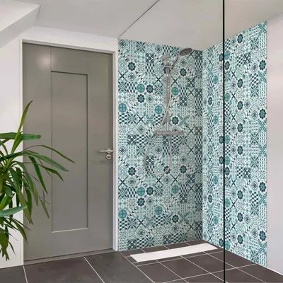 Produktbild von Duschrückwand mit Motiv selbstklebend - 0.35 mm Wandpaneel wasserfest Design türkis Fliesenoptik Illustration Badrückwand fugenlos  Smart matt 90x190 cm