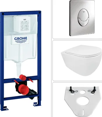 Produktbild von BB INFINITY Wand WC spülrandlos mit SoftClose WC-Sitz & Grohe Vorwandgestell + Betätigungsplatte, chrom