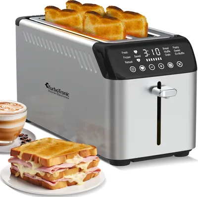Produktbild von 4 Scheiben Langschlitz Toaster Digital 2 XXL Brotschlitzen Brötchenaufsatz 1630W 7 Röststufen, Edelstahl Design, mit Aufwärm- / Auftau / Memory Funktion Silber