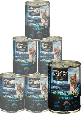 Produktbild von Dehner Wild Nature Katzenfutter Gebirgssee, Nassfutter getreidefrei, für ausgewachsene Katzen, Lachs / Forelle, 6 x 400 g Dose (2.4 kg)