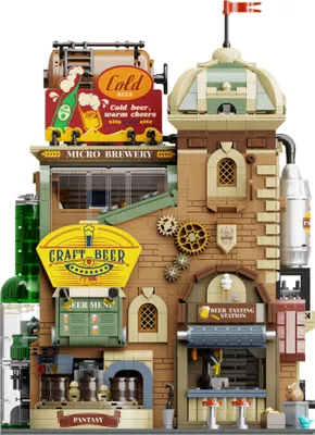 A detailed model of a microbrewery building with signs for craft beer and cold beer.