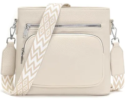 Produktbild von Umhängetasche Damen mittelgroß aus Kunstleder Beige mit breitem Gurt L26xB24xH12 cm
