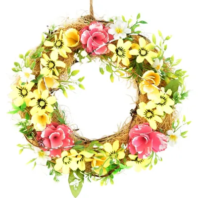 Immagine prodotto di Ghirlanda con roselline in legno e fiorellini gialli, Ø 26 cm