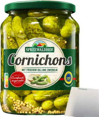 Produktbild von Spreewaldhof Cornichons mit frischem Dill und Zwiebeln (670g Glas) + usy Block