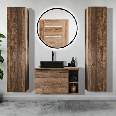 Zdjęcie produktu dla Zestaw mebli łazienkowych w dębie vintage PUEBLA-56 lustro z oświetleniem LED, szer./wys./gł. 190/200/46 cm