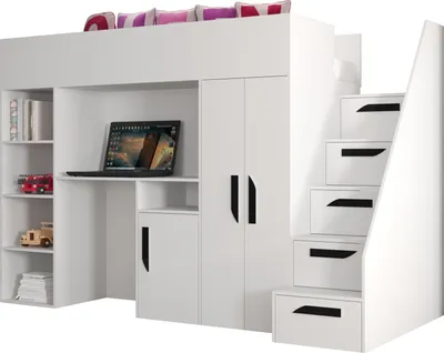 Produktbild von Etagenbett für Kinder Party 14 Stockbett mit Treppe und Bettkasten (Weiß + Weiß Glanz + schwarze Griffe)