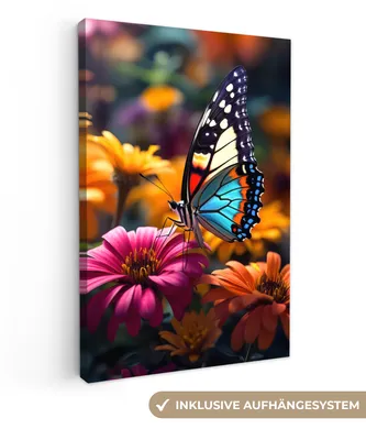 Produktbild von MuchoWow® - Leinwandbilder - Schmetterling - Tier - Bunt - Blumen - Natur, Wandbild, Wanddeko Bilder Wohnzimmer, 60x90 cm