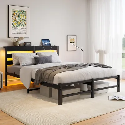 Produktbild von Flieks Jugendbett 140x200cm mit USB, Kinderbett Metallbett mit LED, Klassisches Bett Doppelbett mit Kopfteil und Lattenrost, Schwarz