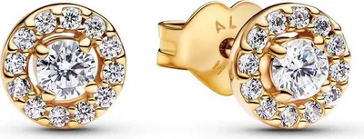 A pair of gold stud earrings with clear stones, displayed on a white background.
