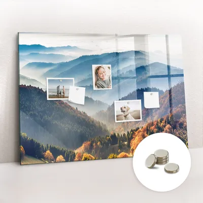 Obrázek produktu pro Magnetická Tabule na Zeď Skleněná - Memo Board Kleněnou Přední Stranou - 5 magnetů v balení - 100x70 cm - Horská krajina