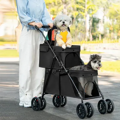 Produktbild von Klappbarer Hundewagen,2 Etagen Hundewagen für Kleine Hunde und Katzen,Pet Stroller Hundebuggy,Haustiere Buggy kleine Hunde Katzen bis 20kg,Schwarz