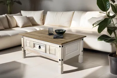 A living room scene with a couch and coffee table.