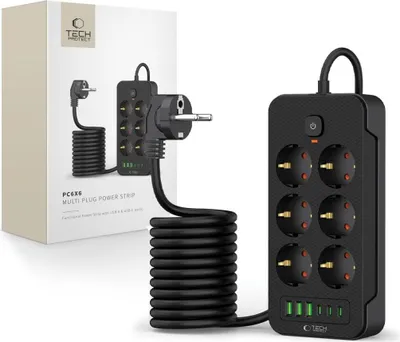 A black multi-plug power strip with USB ports and its packaging are shown against a white background.