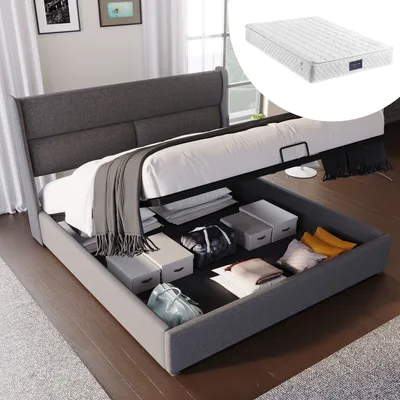 Obrázek produktu pro Okwish čalouněná postel 140x200 cm, postel se úložným prostorem s nastavitelnou opěrkou hlavy a laťkovým roštem, šedá - včetně matrace