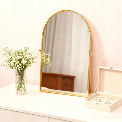 Productafbeelding van Gouden metalen spiegel - Make-uptafel - Bureau - Boog - Make-up - Badkamerspiegel - Draaibaar - Ingelijst - Staande spiegel - 90 graden verstelbaar