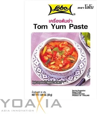 The image shows a box of Tom Yum Paste, with a picture of the finished dish.