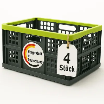 A gray folding crate with a green rim is shown against a white background.