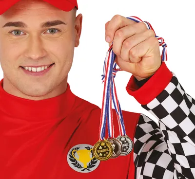 Productafbeelding van Sportieve medailleset voor carnavalwedstrijden en evenementen, in een glamoureuze stijl. Geschikt als prijs of trofee voor volwassenen, kleur: goud