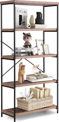 Produktbild von GOPLUS Bücherregal mit 5 Ebenen, Standregal mit Metallrahmen, X-förmige Verstärkungsbalken & Kippschutz, Industrielle Regale (Braun)