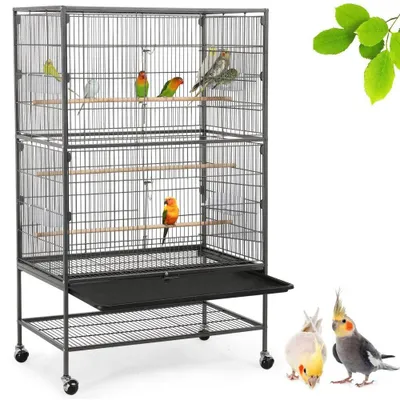 Produktbild von Yaheetech Vogelvoliere großer Vogelkäfig mit 2 Türen Vogelhaus mit Holzstangen und 4 Rollen mit schmutzwanneneinsatz 52 x 79 x 132 cm