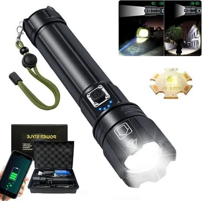 Obrázek produktu pro Super jasná LED svítilna P70 - 250 000 lumenů - dobíjecí - XHP70.2 - zoomovatelná - vodotěsná IPX7 - kempování, turistika, nouzové situace - černá