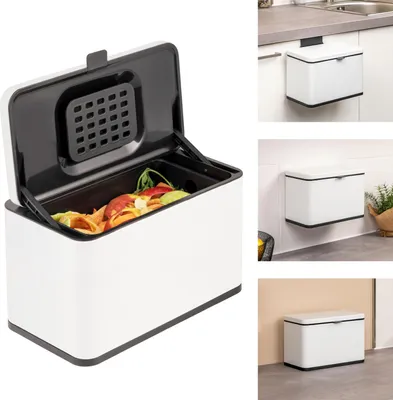 Immagine prodotto di bidone per rifiuti organici eluno 3L con filtro antiodore, da appendere, appoggiare o incollare, bidone per compost, 3 opzioni di montaggio, bianco opaco