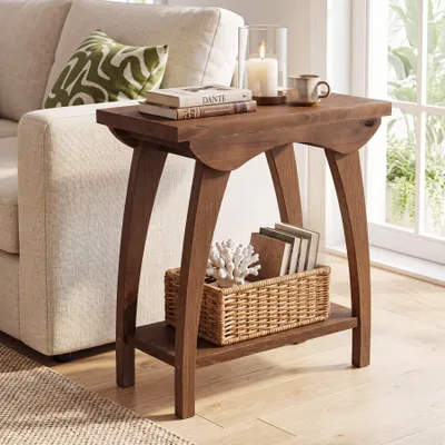 Produktbild von Beistelltisch aus Massivholz, 2-stufiger Beistelltisch für das Wohnzimmer, Nachttisch aus Holz mit Ablagefach für kleine Schlafzimmer