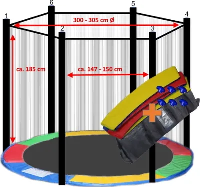 Produktbild von walexo Trampolin Randabdeckung + Sicherheitsnetz für 6 Stangensystem ( 305 cm Ø, Bunt/Schwarz )