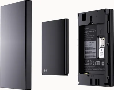 Three views of a black wireless router are displayed against a white background.