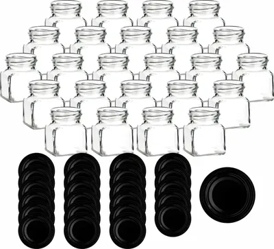 Produktbild von gouveo 24er Set Einmachgläser 120 ml eckig Schraubverschluss schwarz - Kleines Vorratsglas mit Deckel für Marmelade, Gewürze