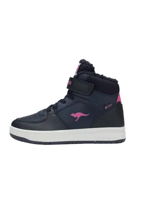 A single navy blue high-top sneaker with pink accents and a white sole, shown from the side against a white background.